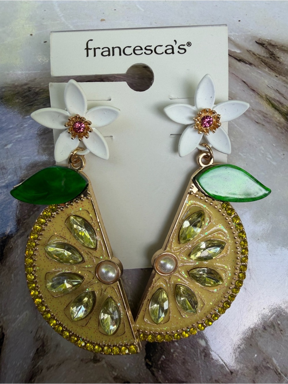 Francesca's Collections Green Lemon Slice Drop Earrings with White Flower Accent